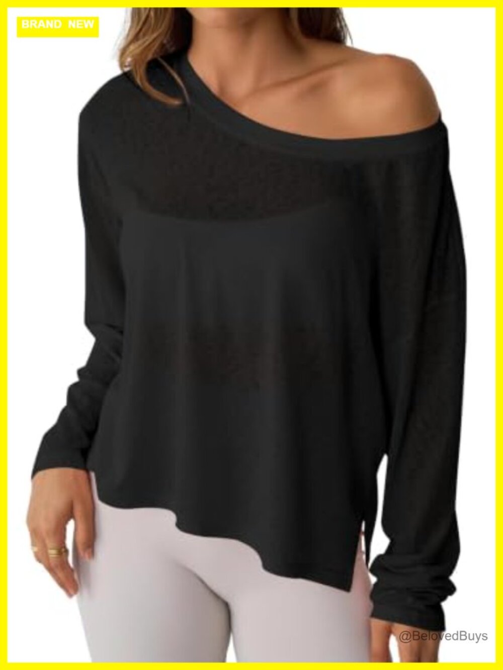 Sheer Off Shoulder Long Sleeve Workout Top Loose Fit Drop Shoulder